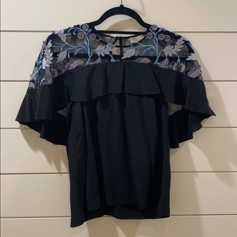 Sandro Sheer Shoulder Embroidered Top